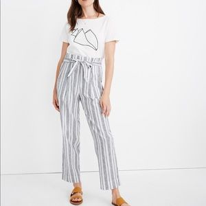 Linen-Cotton Paperbag Pants in Dark Baltic Stripe